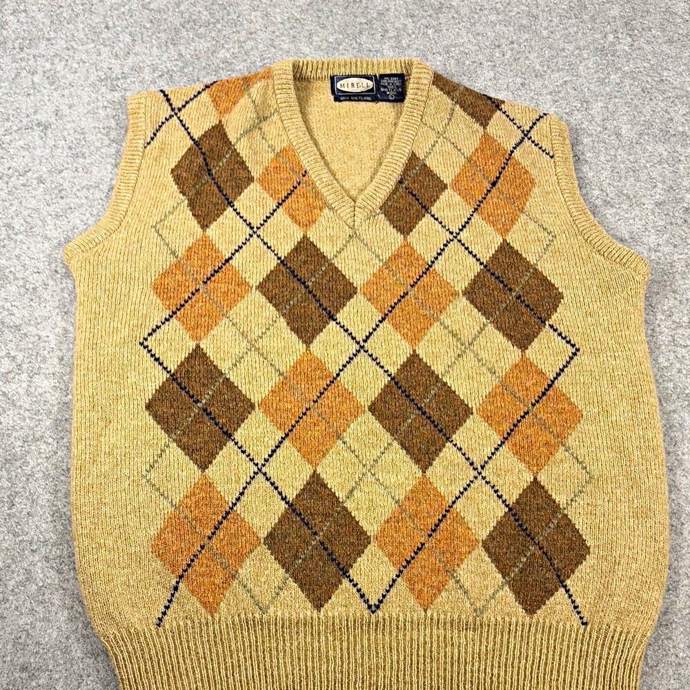 Mirell Shetland Wool Knit Argyle V-Neck Sweater Vest L # Preppy Quiet luxury